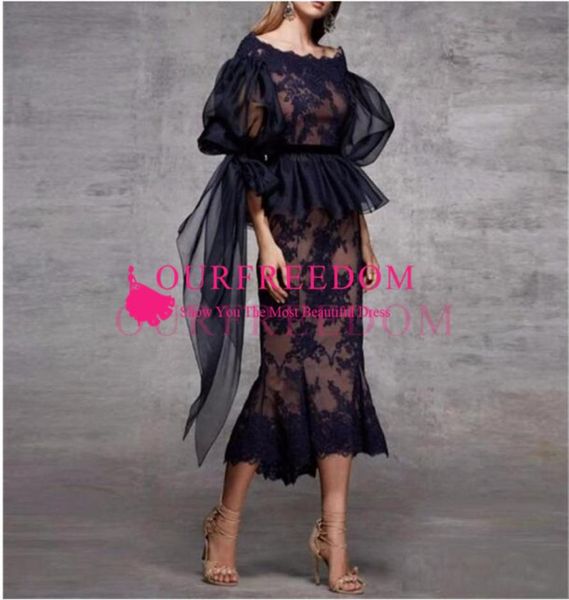 

scoop neck lace peplum mermaid evening dress ruched half sleeves tea length formal party prom dresses navy blue women gowns4205889, Black