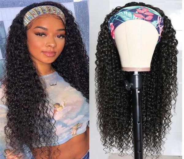 

100 human hair headband scarf wig water wave human hair wig no plucking wigs for women8414589, Black;brown
