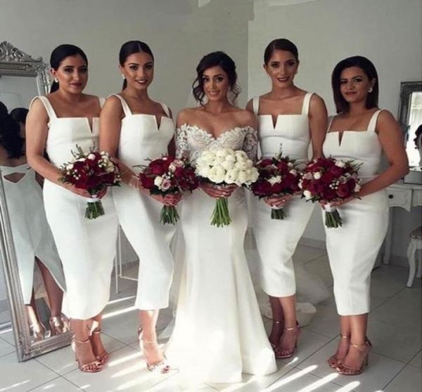 

modest white tealength bridesmaid dresses spaghettistraps sleeveless backless wedding party gowns stylish bottom split even9985143, Blue;red