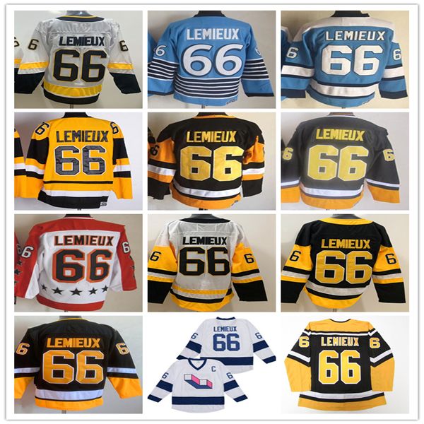 

pittsburgh vintage ice hockey jersey 66 mario lemieux embroidery all-star blue white gold black alternate retro uniforms, Black;red
