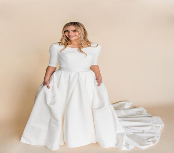 

aline satin modest wedding dresses with 34 sleeves 2020 new corset back stretch lds temple modest bridal gowns sleeved with 5431110, White