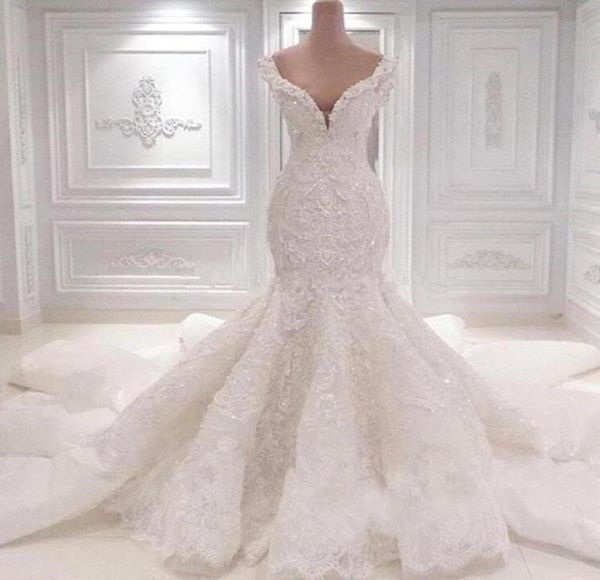 

luxurious mermaid saudi arabia wedding dresses scoop neck full lace appliqued crystal long cathedral train wedding bridal gowns bc2091330, White