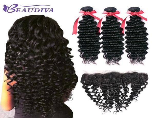 

beau diva deep wave bundles with frontal brazilian human hair 3 bundles with closure 13x4 lace frontal 9a human hair soft and heal6784443, Black;brown