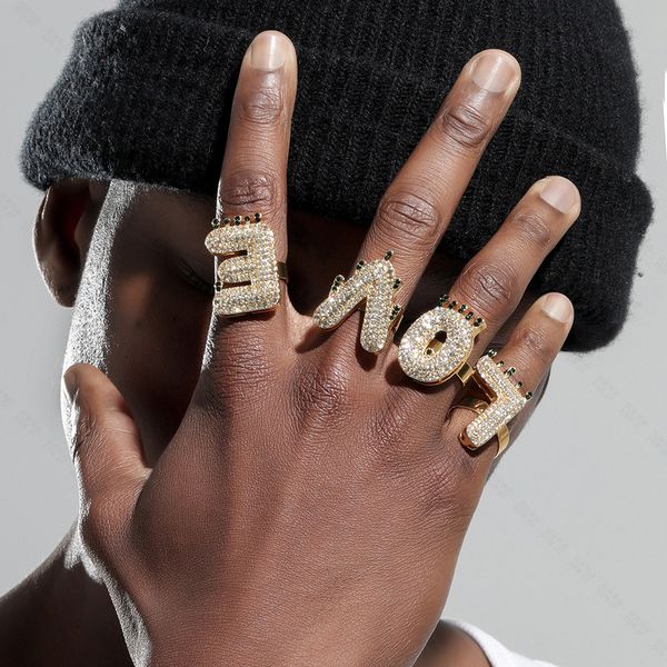 

hip-hop rapper full zircon english letters open ring adjustable shiny a-z punk exaggerated night party jewelry wholesale 1412, Golden;silver