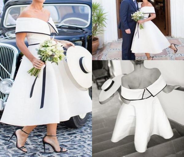 

black and white wedding dress vintage retro tea length off the shoulder simple satin aline short country bridal gowns2457767