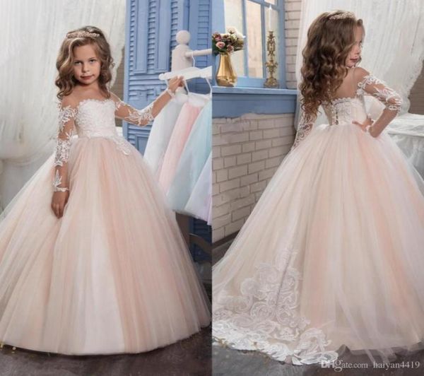 

new flower girls dresses for weddings jewel neck long sleeves lace appliques sweep train ball gown birthday children girl pageant 2649298, White;blue