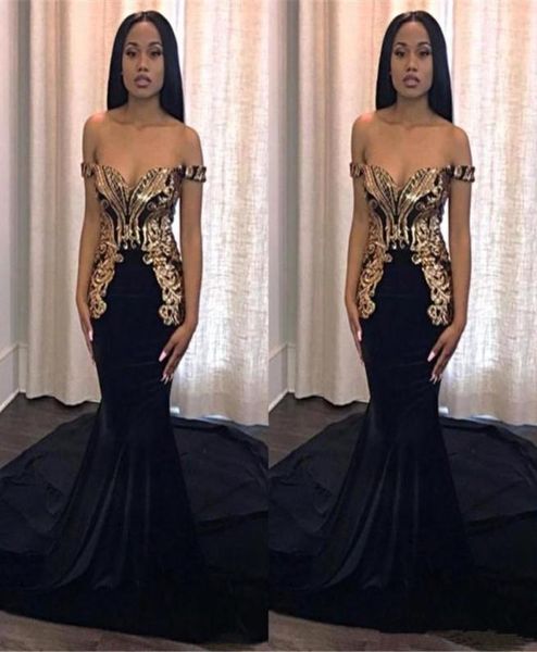 

african mermaid black prom dresses long gold appliques elegant off shoulder custom black girls evening gowns celebrity runway dres2848830, Black;red