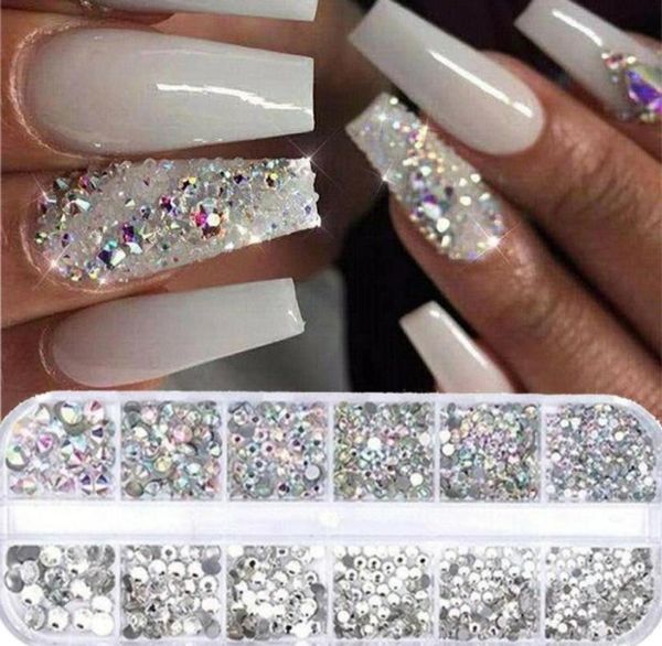 

12 gridsset ab crystal glass rhinestones nail art decorations multisize 3d diy tips manicure glitter diamond gems accessories6194768, Silver;gold