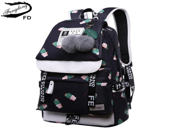 

fengdong cute cactus printing school backpack for girls waterproof bag children school bags female travel lapbackpack usb y1815690754