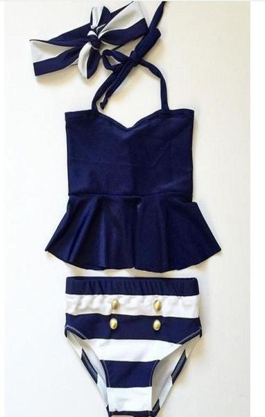 

retail 2017 new summer baby girls tankini bikini swimsuit with headbands kids striped button swimwear children girl bathing suit5279072, Blue