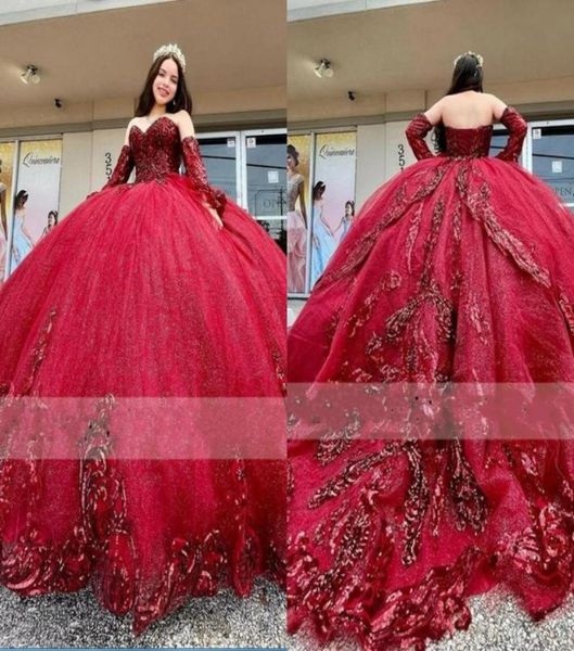 

2023 sparkly sequins applique quinceanera dresses 2 pieces detachable boho long sleeves ball gowns pageant formal dress prom sweet1031095, Blue;red