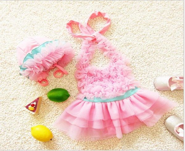 

2018 new summer baby girls onepiece hat swimwear tulle dress children girl beach wear kids swimming suit cute girl swimsuit 4 col6576133, Black