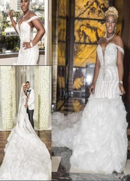 

2021 luxury beaded wedding dresses mermaid ruffles cathedral train custom made plus size wedding bridal gown off shoulder vestido 3121485, White