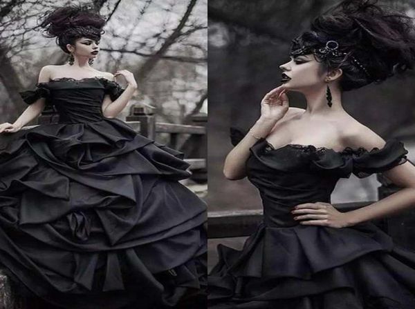 

tradition black gothic wedding dresses victorian punk ball gown wedding dresses off the shoulder tie up satin princess bride gowns9735756, White