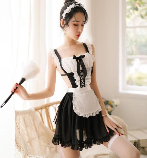 

cute sweet japanese lolita cosplay costumes lovely maid dress sleepwear women babydoll nightdress with apron panty j1906124260549, Red;black