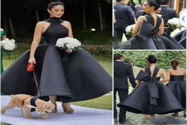 

black high neck ball gown prom dresses with big bow satin ankle length evening gowns saudi arabia formal party vestidos6789203