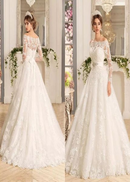 

custom long sleeves lace appliques a line wedding dresses bridal gowns 2022 with beads sash sweep train tulle plus size bride dres7564660, White
