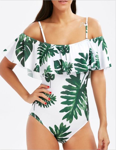 

2018 ruffled one piece swimsuit print swimwear women off shoulder monokini bodysuit ladies fashion beach swim wear bathin6624293