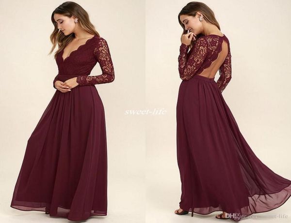 

burgundy chiffon bridesmaid dresses long sleeves western country style vneck wedding party dresses backless long beach wedding gu5811547, White;pink