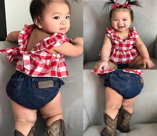 

baby girl clothing suit plaid skirt tshirt denim shorts headband female baby clothes 2019 newborn clothing y2008292994909, White