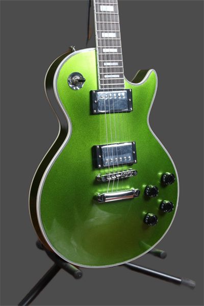 

classic electric guitar brand, bright metallic green, beautiful tone