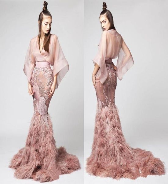 

luxury feather mermaid prom dresses pink v neck lace long sleeve evening gowns sequins illusion beaded women formal party dress5662230, Black