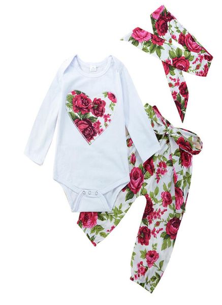 

baby girls flower clothes cotton boutique clothing toddler romperpantsheadband 3pcs red outfits set floral heart kid girls suit 1231869, White
