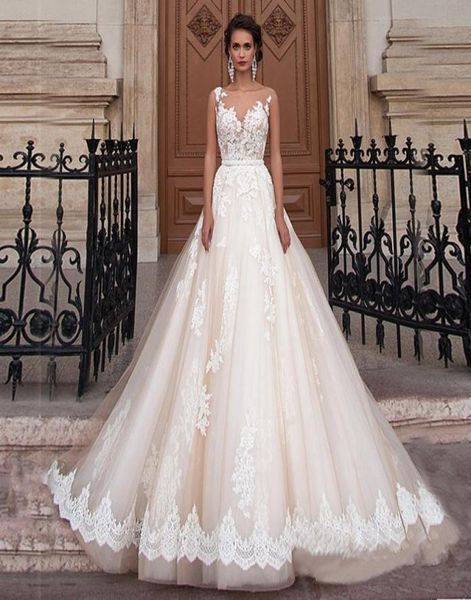 

sheer scoop neckline champagne color ball gowns wedding dress applique lace illusion back bridal dress vestido para casamento8620740, White