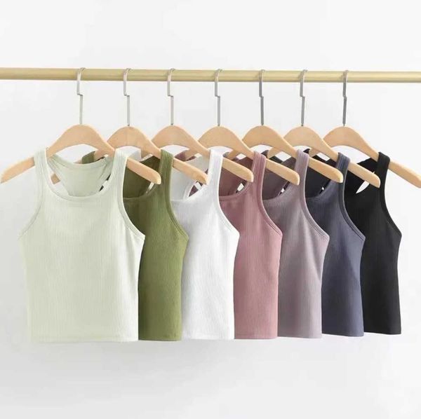 

lu tank slim fit sleeveless yoga outfits shirt brushed women workout sports with padded bra summer top, White