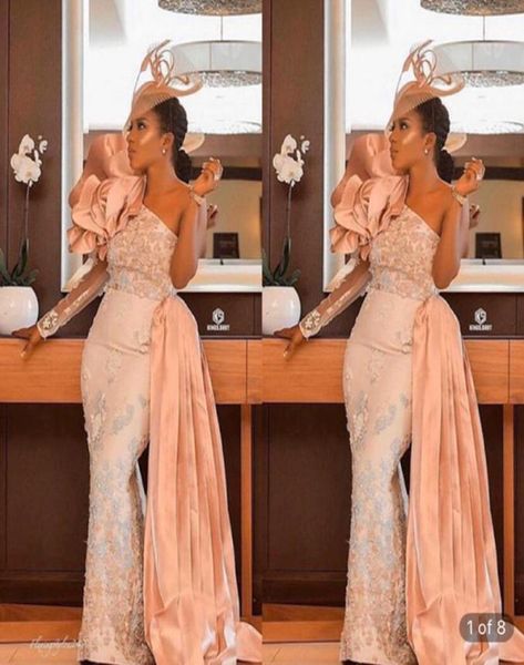 

chic women mermaid evening dresses one shoulder long sleeves applique lace formal prom dress with detachable skirt mother of groom8237026, Black;red