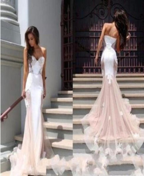 

blush pink beach 2019 mermaid wedding dresses sweetheart beaded sleeveless zipper tulle appliques tiered skirts with hand made flo5268188, White