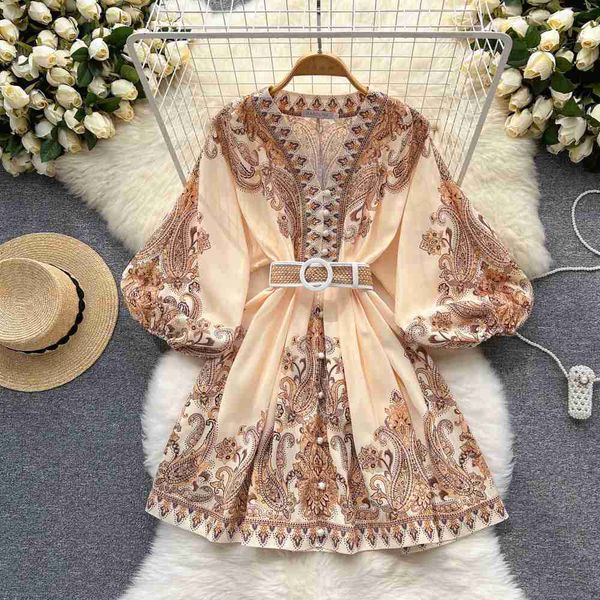 

women dresses spring 2023 runway fashion paisley print vintage dress v neck long lantern sleeve belted mini dress, Black;gray