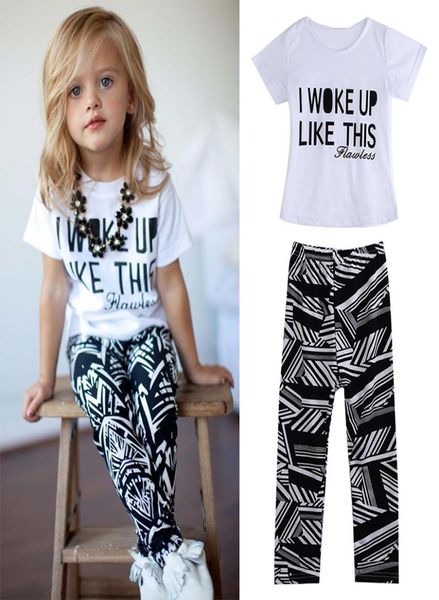 

baby girls stripe i woke up like this toddler shirt and pants outfits set children clothes outfit 2pcs8720284, White