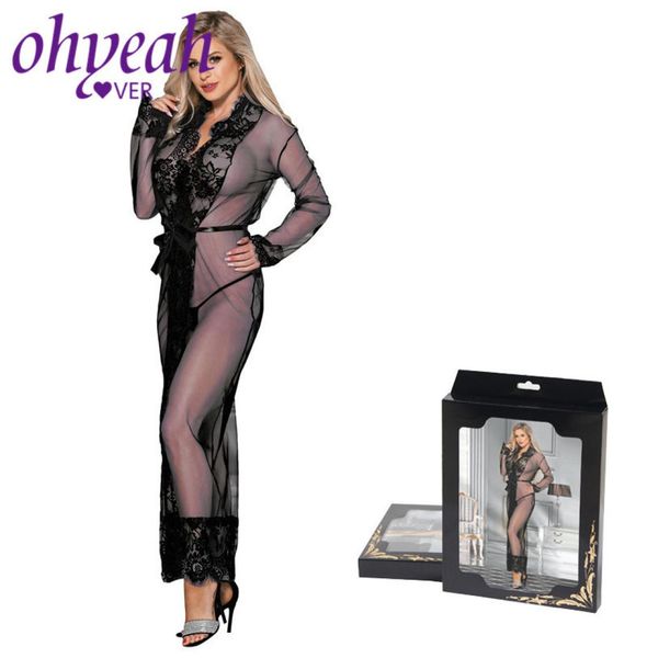 

ohyeahlover transparent lingerie long sleeve clothes lace sleepwear eyelash dress long nightgown plus size 5xl rm80507 j12574003, Red;black