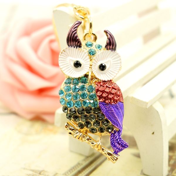 

multicolor crystal owl keyring rhinestone metal handbag pendant car key chains gold tone plated cute girl gifts, Slivery;golden