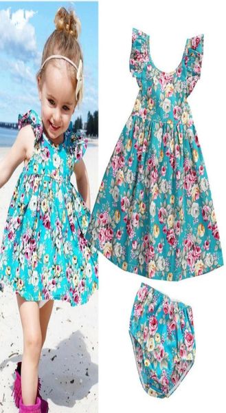 

13years kids baby girls summer sleeveless flower printed princess dress fashion beach chidren skirt with panties 80cm110cm7504573, Red;yellow