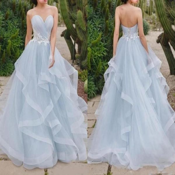 

simple style skye blue a line prom dress sweetheart neck with white lace ruffles train corset back boho beach bridal party gowns5114742, Black