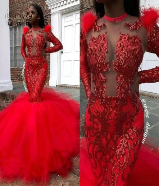 

african girls red sequined feather mermaid prom dresses sheer long sleeve jewel neck illusion formal arabic evening gowns2273284, Black