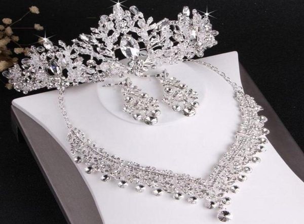 

luxury designer jewelry sets for bride wedding party crystal crowns necklace earring sets headbands shining rhinestone headpieces 1045076, White
