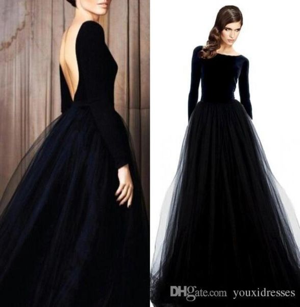 

stunning backless long sleeve prom dresses 2018 velvet black bateau neck open back tulle skirt floor length formal evening wear9252509
