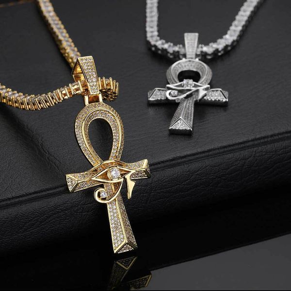 

european and american hip hop horus eye ankh cross pendant micro inset zircon retro personality necklace accessories, Silver
