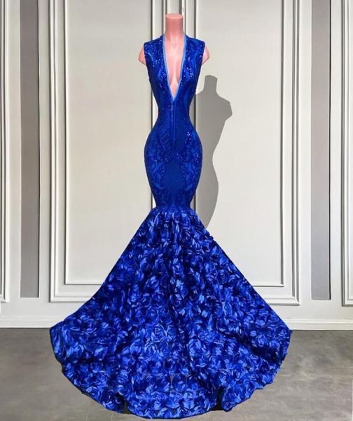 

elegant sparkly vneck royal blue sleeveless 3d rose mermaid prom dress long sequined black girls gala evening party wear gowns cu7656712