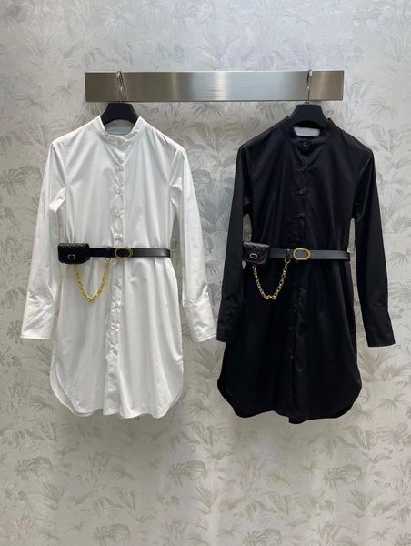 

2023 luxury brand summer autumn women lapel solid colour ladies blouses dress with mini bag fashion long sleeve casual shirt dresses outfits, Black;gray