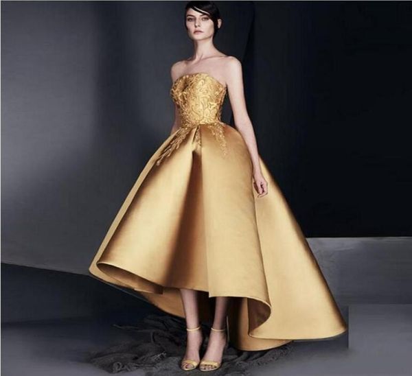 

2019 elegant gold applique prom dress strapless highlow ruffle evening gown new design homecoming dresses9784680, Black