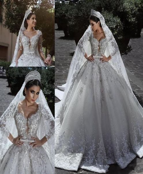 

arabic luxury ball gown wedding dresses 2018 glamorous long sleeves tulle appliques beaded sequins appliques corset bridal gowns b8940808, White