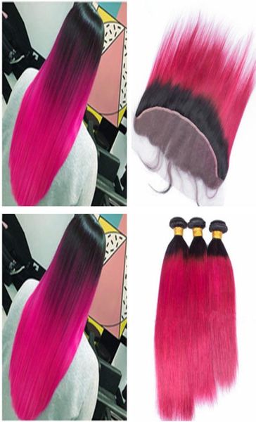 

brazilian ombre pink virgin human hair 3 bundles deals with 13x4 lace frontal closure straight 1b pink ombre hair weaves with 7554942, Black;brown