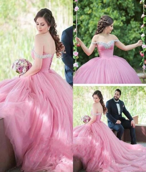 

romantic blush pink ball gown wedding dresses off the shoulder bling crystal rhinestones corset reception dress bridal gowns8714654, White