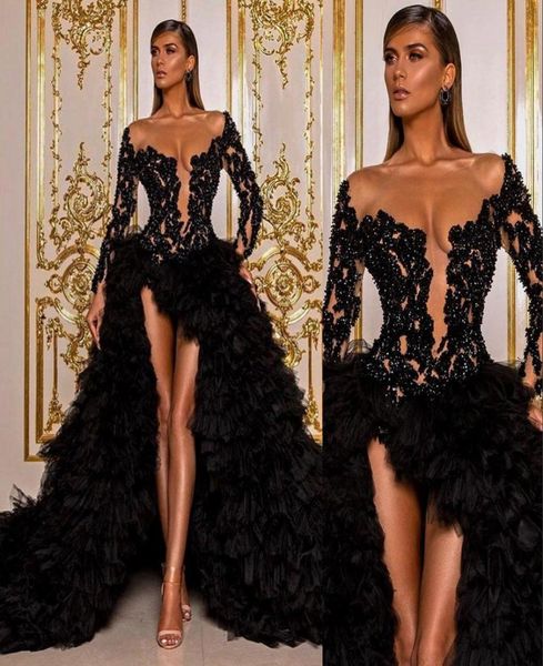 

2021 black prom dresses jewel neck illusion long sleeves lace appliques crystal beaded formal party dress evening gowns tulle7407599