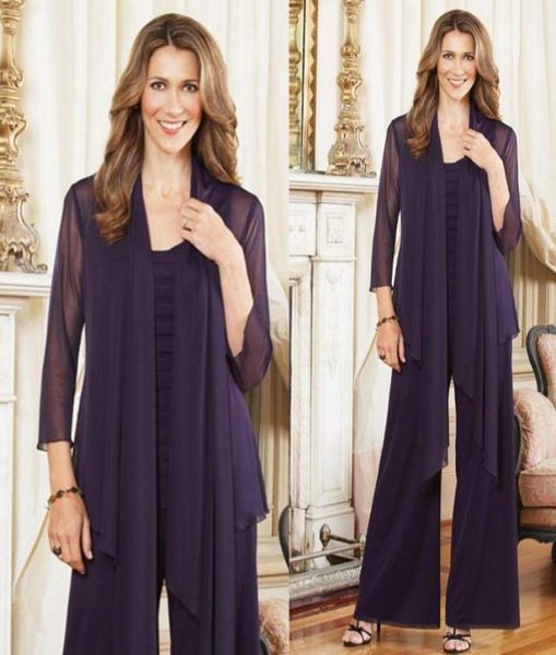 

2021 elegant purple plus size mother of the bride pants suits with jacket womens chiffon long sleeve mother formal dress for weddi3963436, Black;red