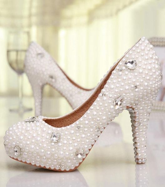 

fahion handmad 3 inches high heel platform wedding shoes elegant pearl bridal shoes white genuine leather women prom pumps7924722, Black